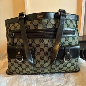 Authentic Gucci Abbey D-Ring GG Monogram Canvas and Leather Tote Bag - Green/blk
